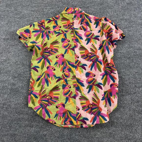 Farm Rio Top Womens Small Bird Printed Shirt Colorful Linen Tropical Boho Chic - Picture 13 of 16